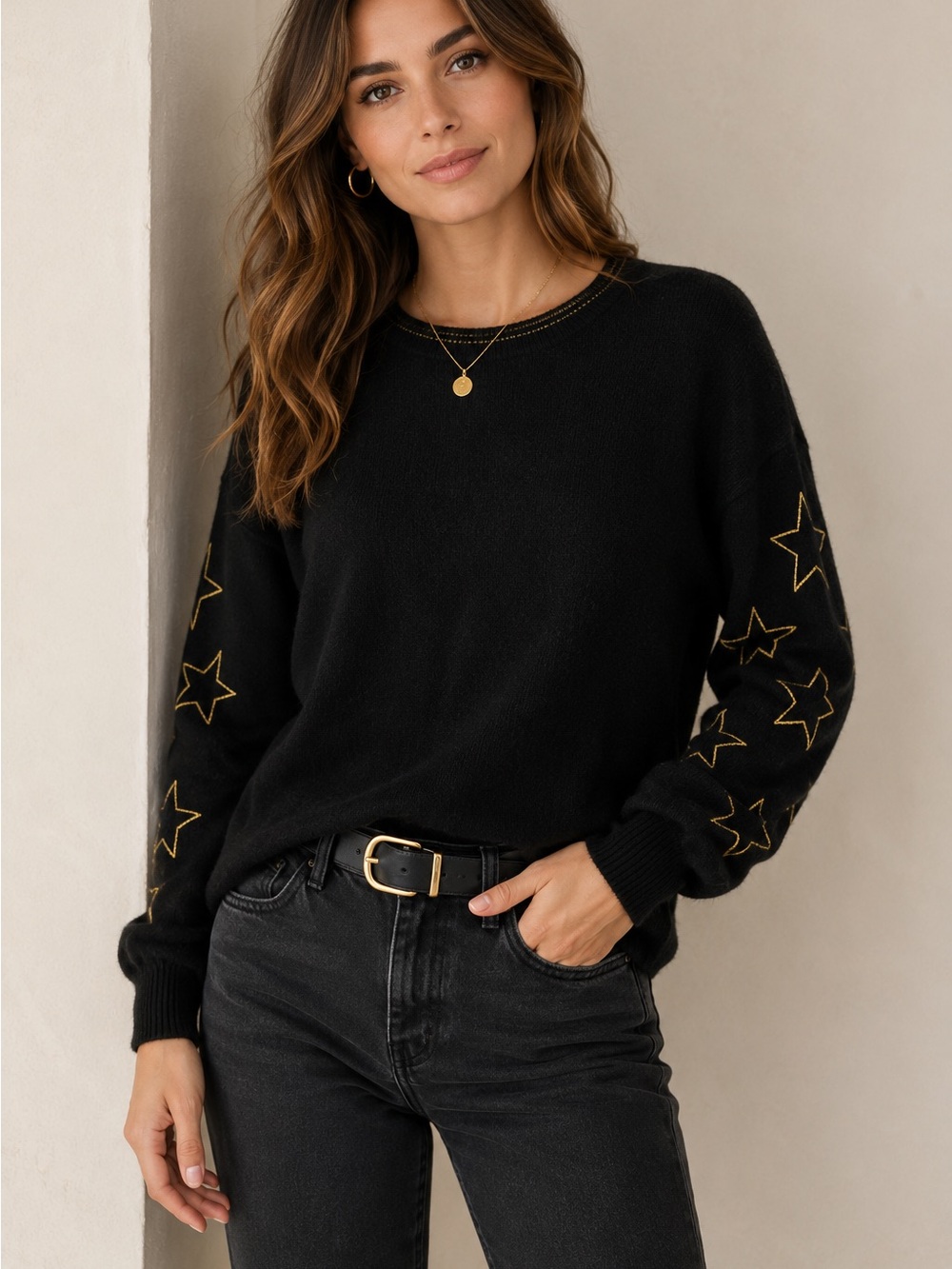 27 Miles Malibu Black Cashmere Star Sleeve Crewneck Sweater Women’s S